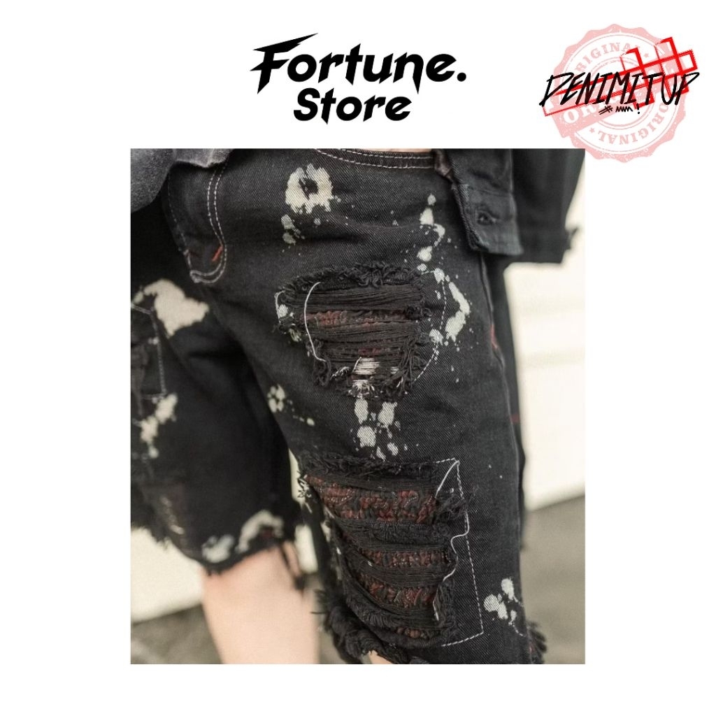 Hamjeansku "DENIMITUP" - H1 Batik Short - Black Splash Two - Celana Jeans Pendek