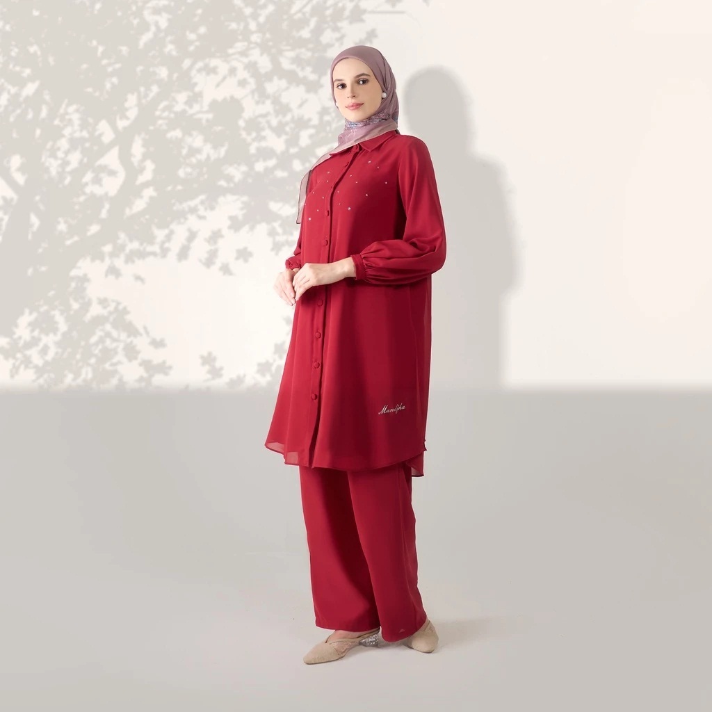 MANDJHA Devine Red Set - Setelan Tunik Celana Polos Merah Cabe Maroon by IVAN GUNAWAN ORIGINAL