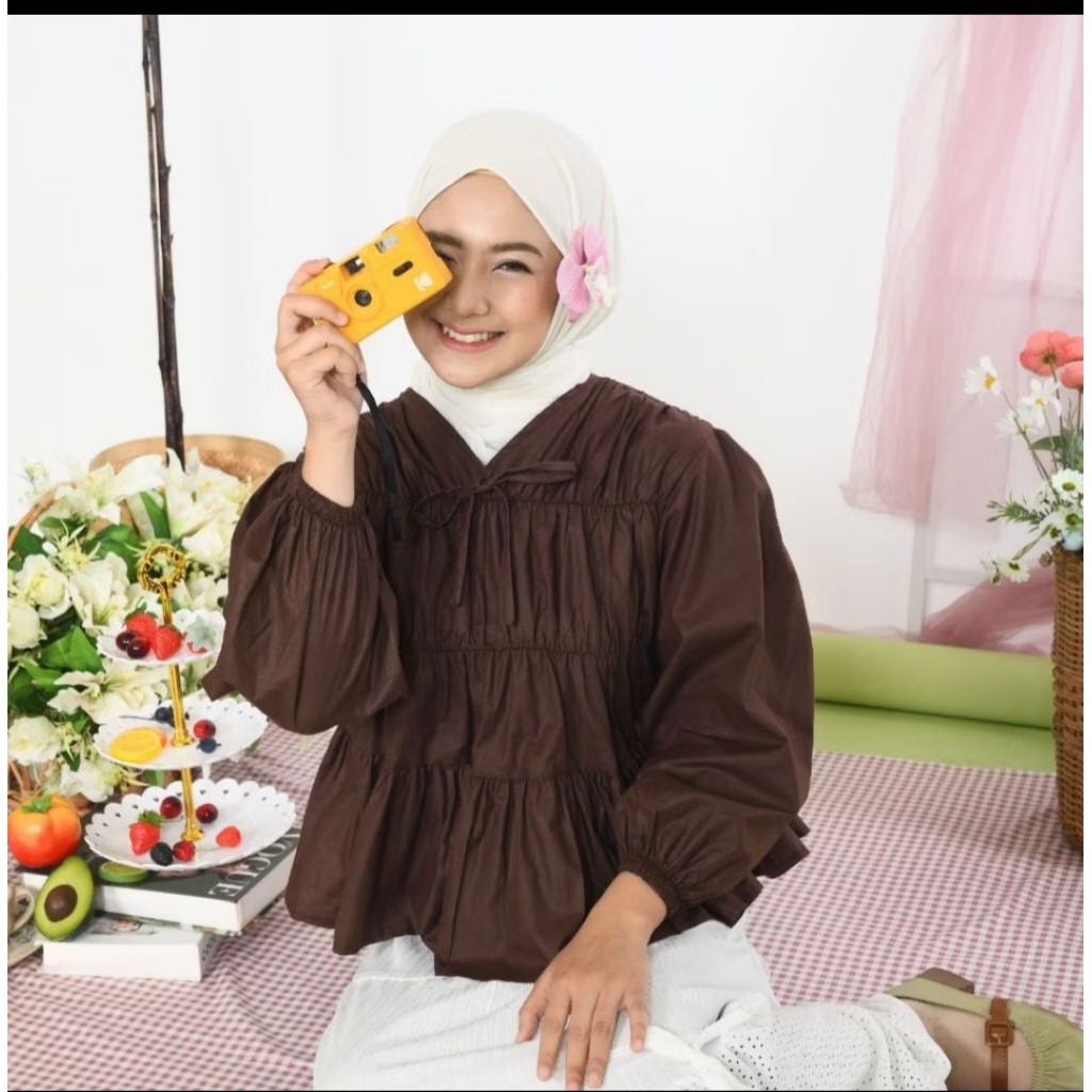 Blouse atasan kerut dada lengan panjang