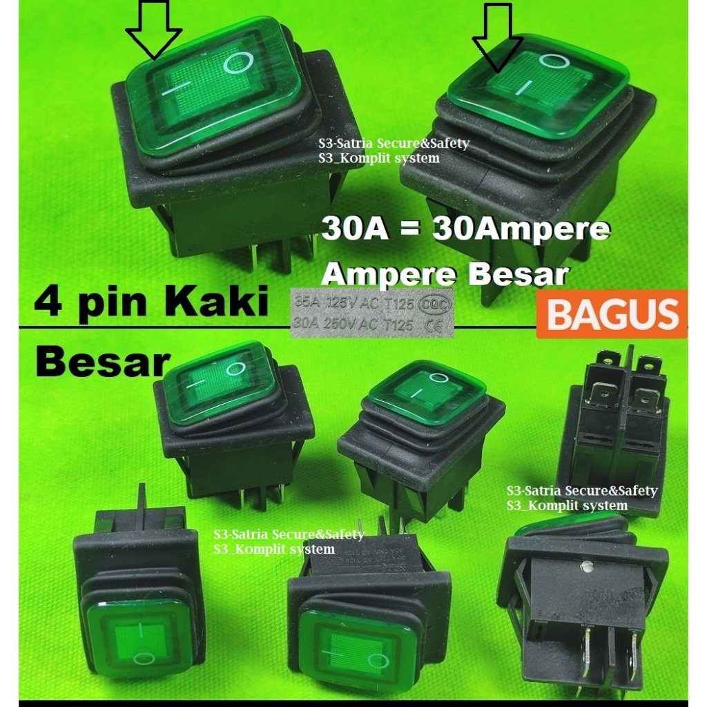 Hijau tombol WP 30A bagus IO I O Saklar 4 Kaki On Off 30A karet Waterproof KCD sakelar Switch 4 Pin 