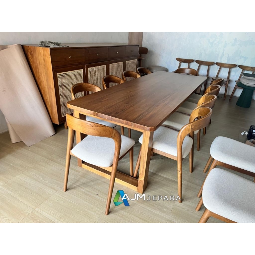 Set meja makan kayu jati tebal 4cm.set meja makan kursi 10