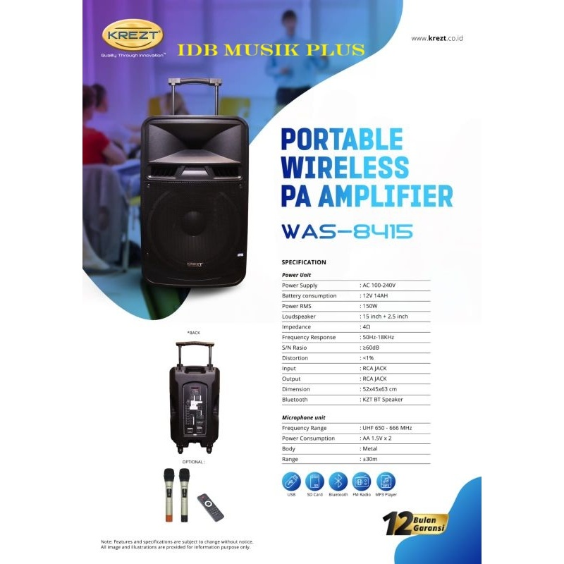 Speaker Portable 15" Krezt WAS8415 WAS 8415 Original