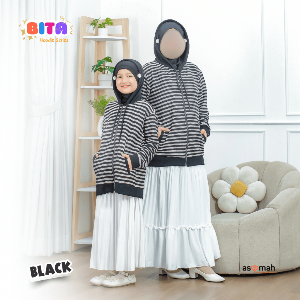 ASYMAH Hoodie Zipper Couple Ibu dan Anak BLACK Stripes Jaket Garis Oversize Sweater Resleting - Bita