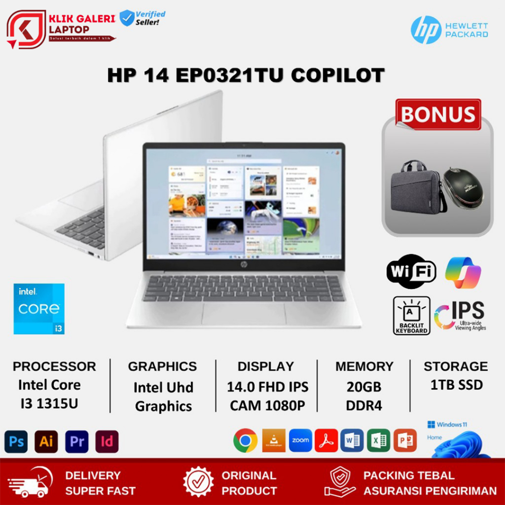 Laptop HP 14 EP0321TU COPILOT INTEL CORE I3 1315U RAM 20GB 512GB SSD 14" FHD IPS Windows 11 + OHS