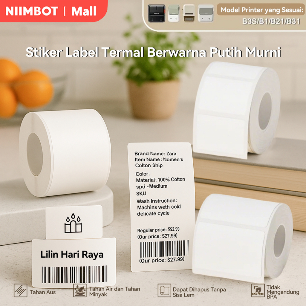 NIIMBOT B1/B21/B21PRO/B31/K3 Kertas Stiker Label Termal Putih Lebar Pakaian Harga Komoditas Makanan