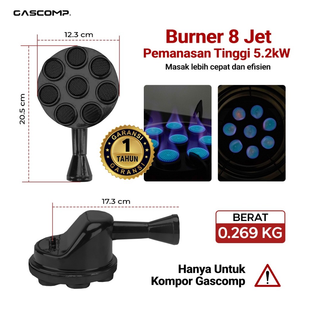 GASCOMP Burner Kompor Tanam 8 Jet | Api Biru Stabil, Hemat Gas & Anti Bocor  | Sparepart HANYA Untuk
