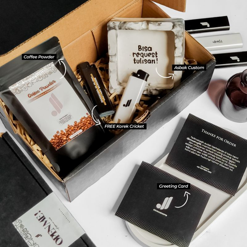 Kado Hampers Cowok Custom Kopi Asbak Korek Api Kartu Ucapan Selamat Cetak Bebas Request