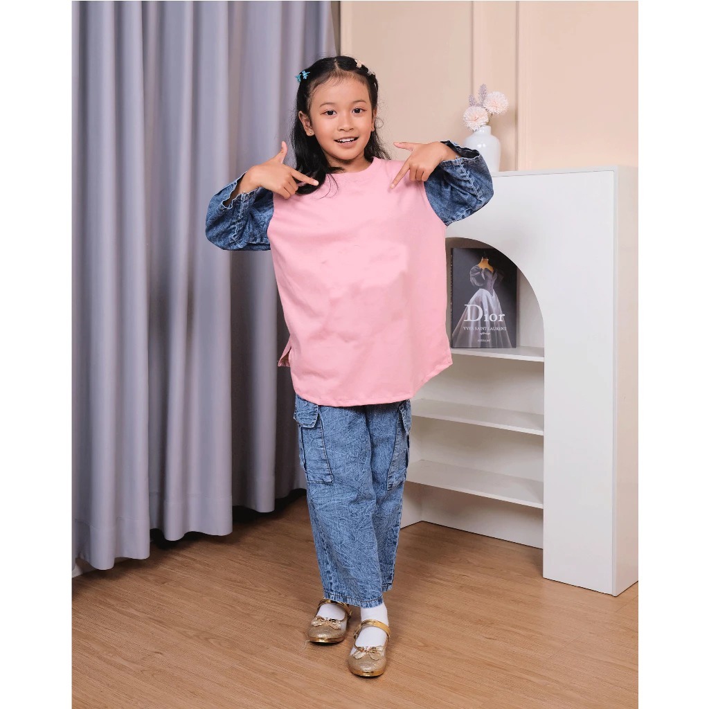 (Gratis Ongkir) Setelan Baju Anak Perempuan Baju Katun Celana Levis Cargo 3 - 14 tahun