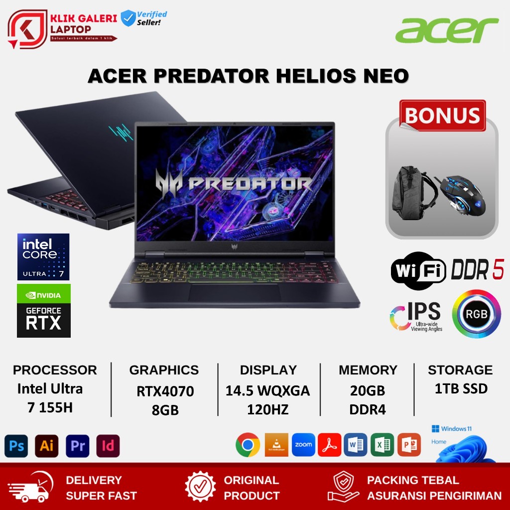 Laptop Acer Predator Helios Neo 14 Ultra 7 155H RTX4070-8GB 32GB DDR5 1TB 14.5 WQXGA IPS 120HZ RGB