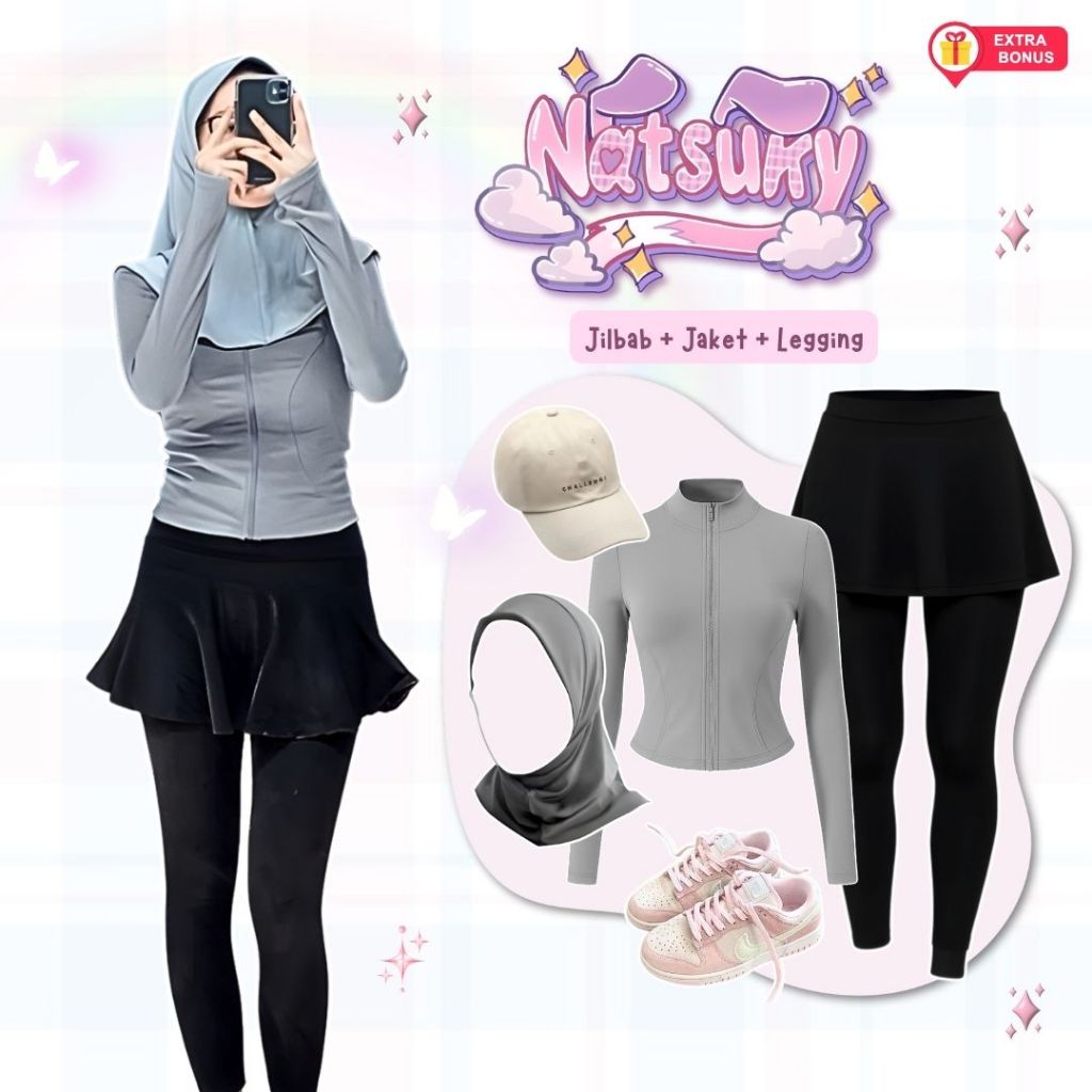 oneset 3in1 jaket + legging + jilbab | baselayer midlayer olahraga sport gym mendaki hiking naik gun