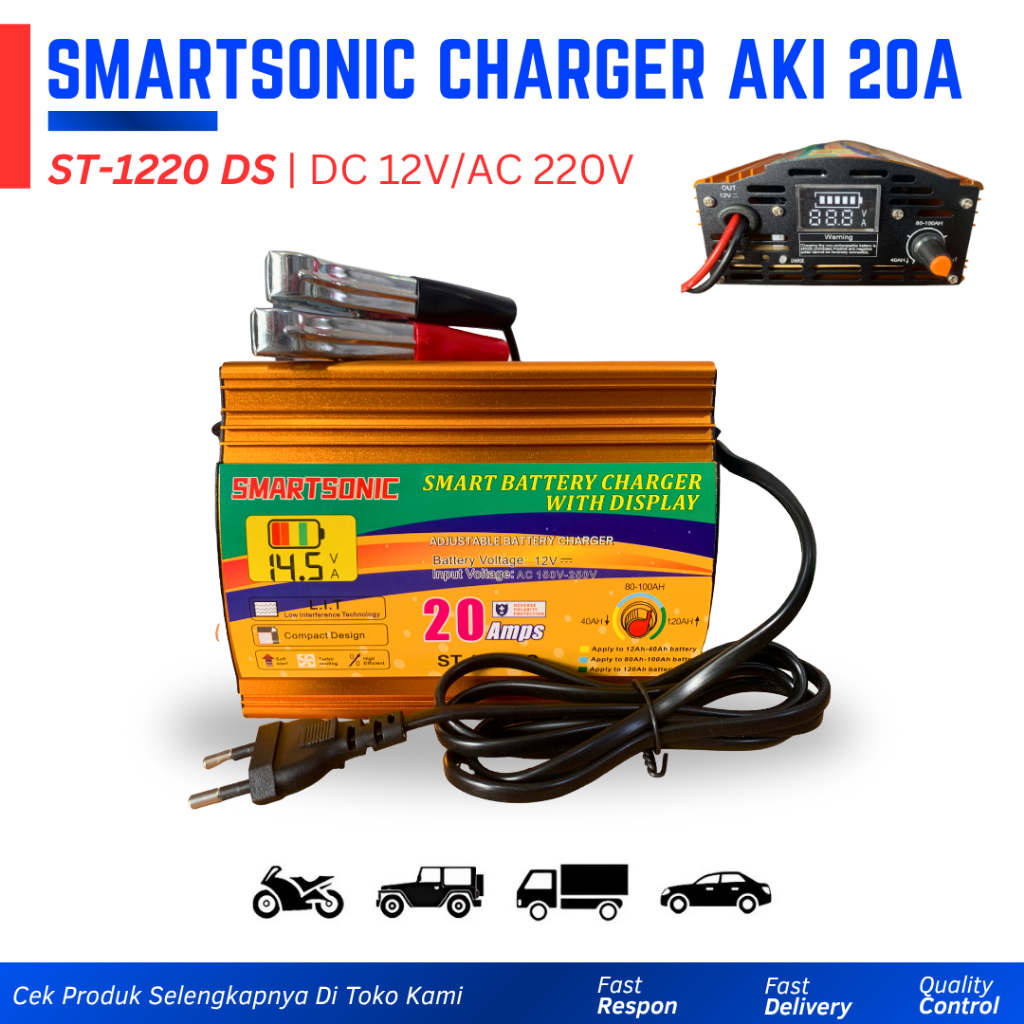 Charger Aki Otomatis Smart Battery Charger 20 Amper Baterai 12Ah-120Ah Tegangan 12V Smartsonic ST-12