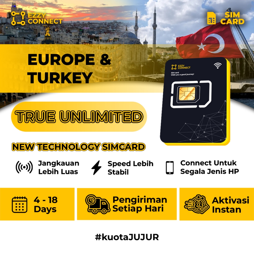 Sim card Eropa dan Turki 4-18 hari TRUE UNLIMITED || Sim card Eropa Turki 43 country Ezzyconnect
