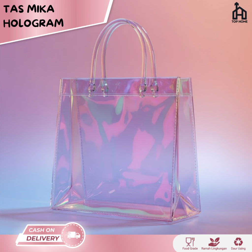 Tas Mika Hologram PVC Tebal 0,6 mm/ Tote Bag Hologram Transparant Hampers / Goodiebag Ulang Tahun