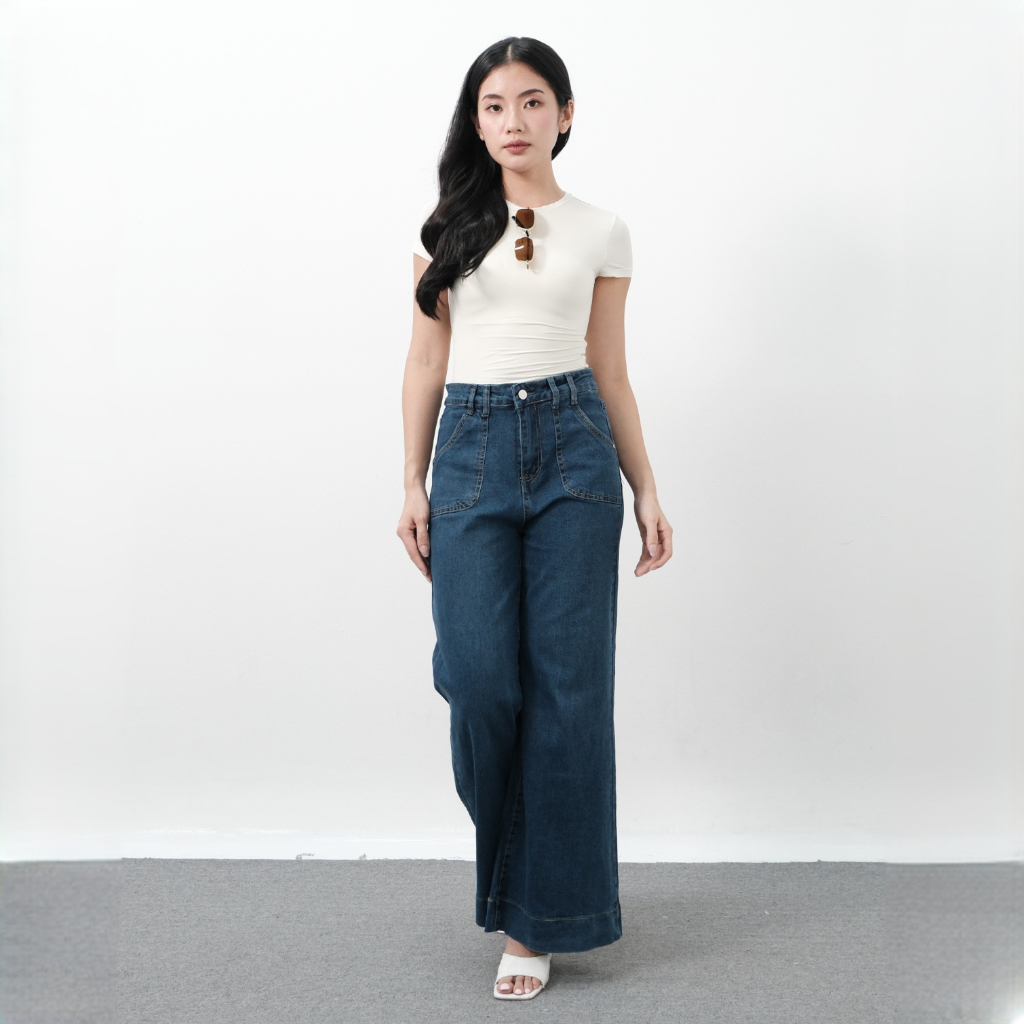 Cerine Straight Flare Denim Pants - Celana Jeans Wide Bootcut Mid Rise Wanita Size 27-30