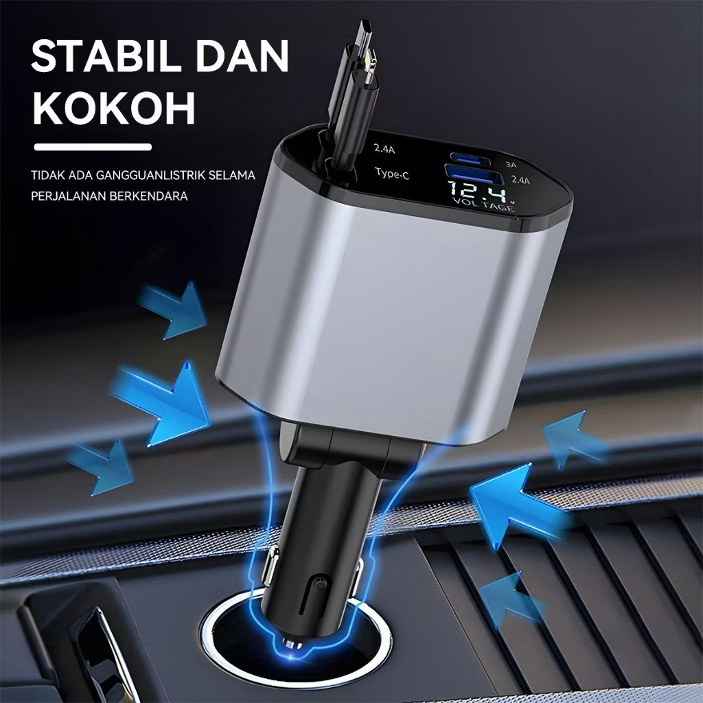 New 4In1 Retractable Car Charger Colokan Mobil Ios Type-C Charger Mobil Fast Charging Case Hp Di