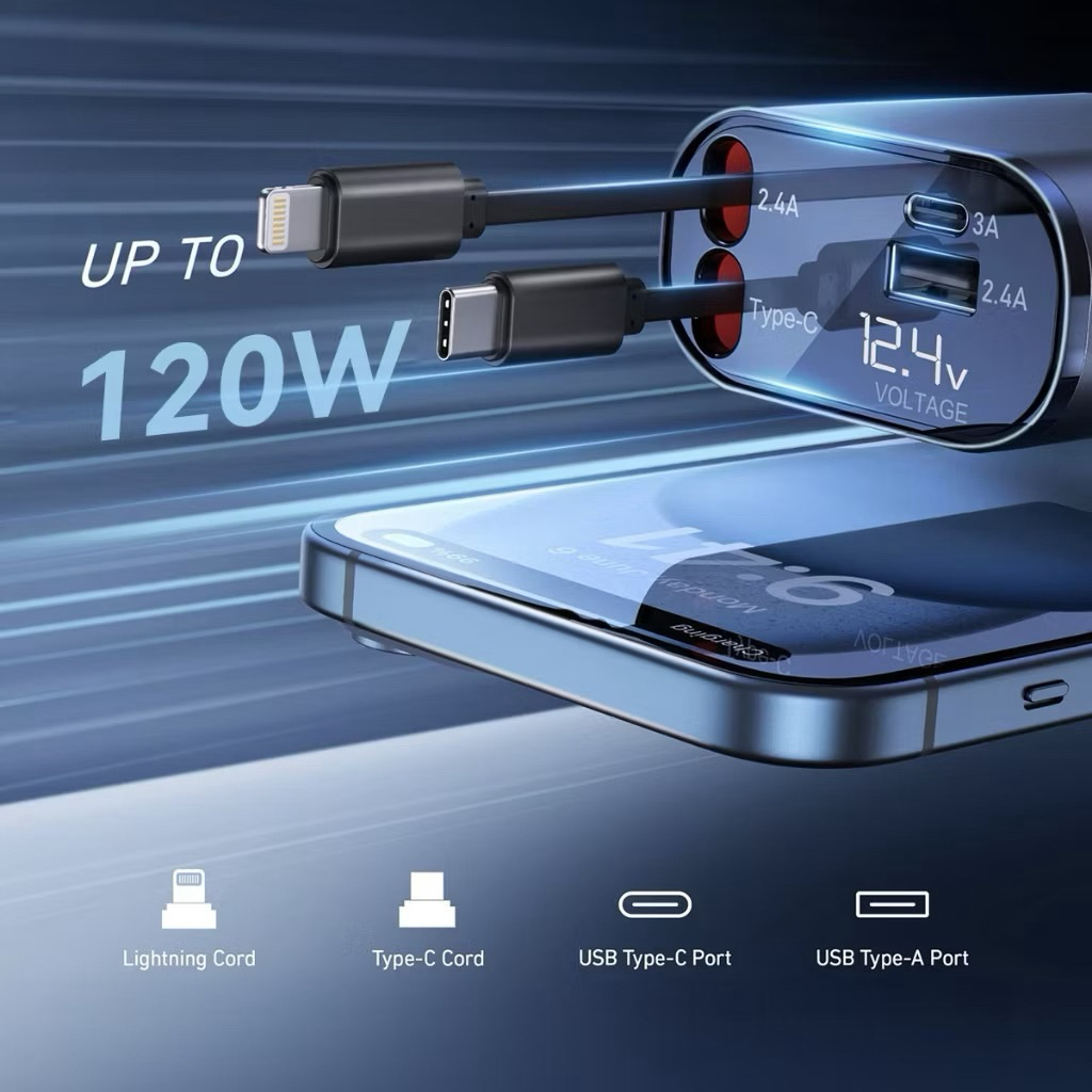 TERBARU 4in1 Retractable Car Charger Colokan Mobil IOS Type-C Charger Mobil Fast Charging Case Hp Di