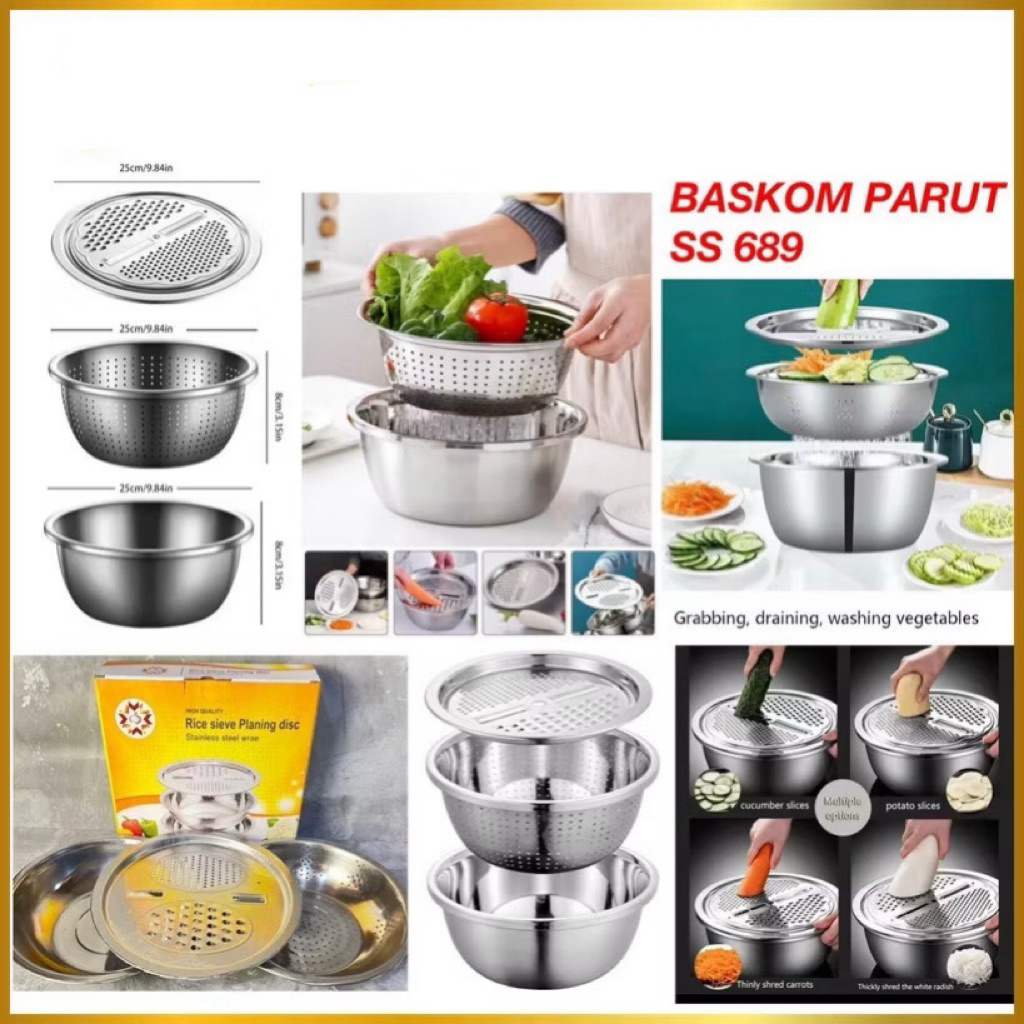 Baskom Parut Set 3in1 Baskom Parutan Saringan Pengiris Sayuran Buah Stainless Steel Serbaguna