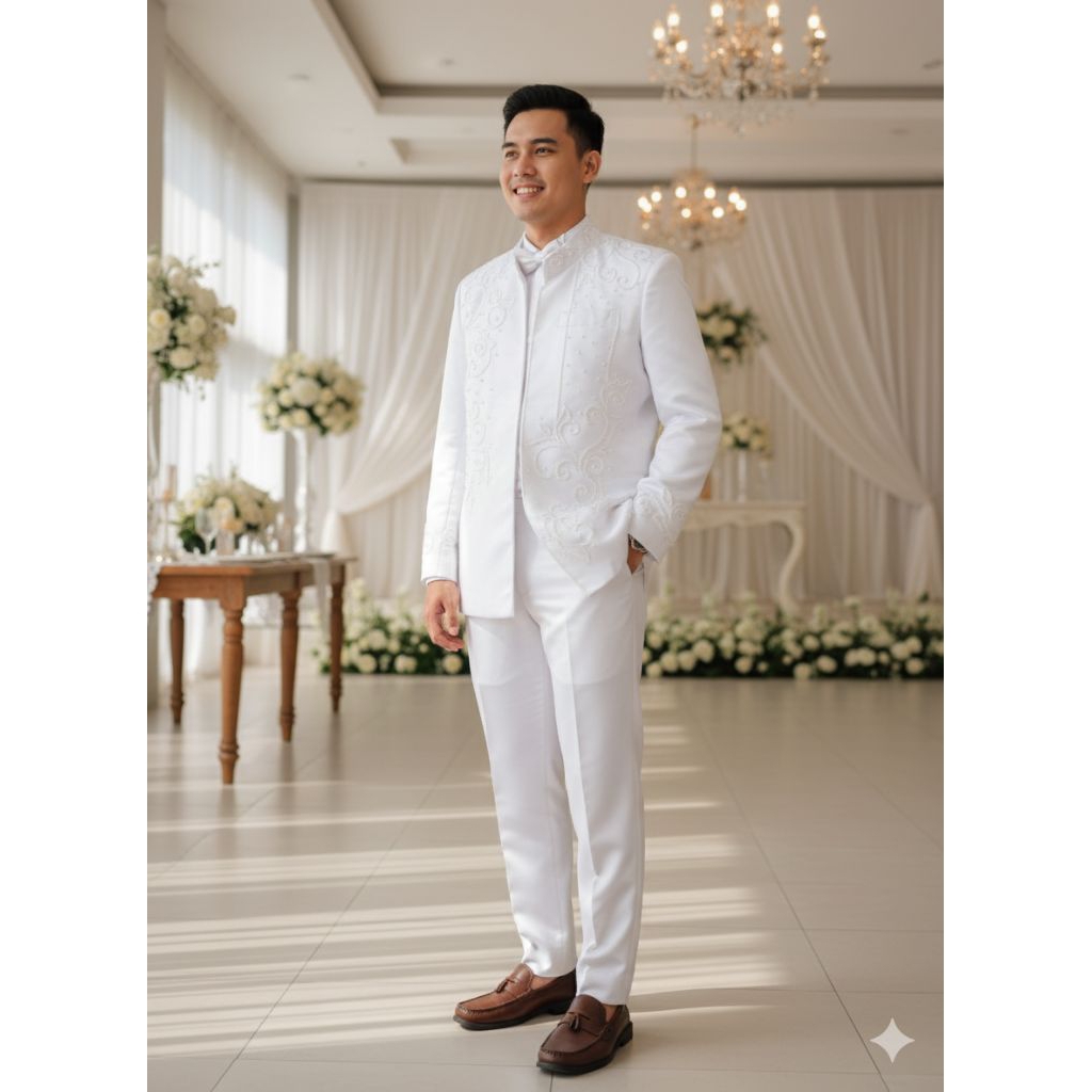 Preloved Jas Pengantin Pria Putih Bordir Elegan