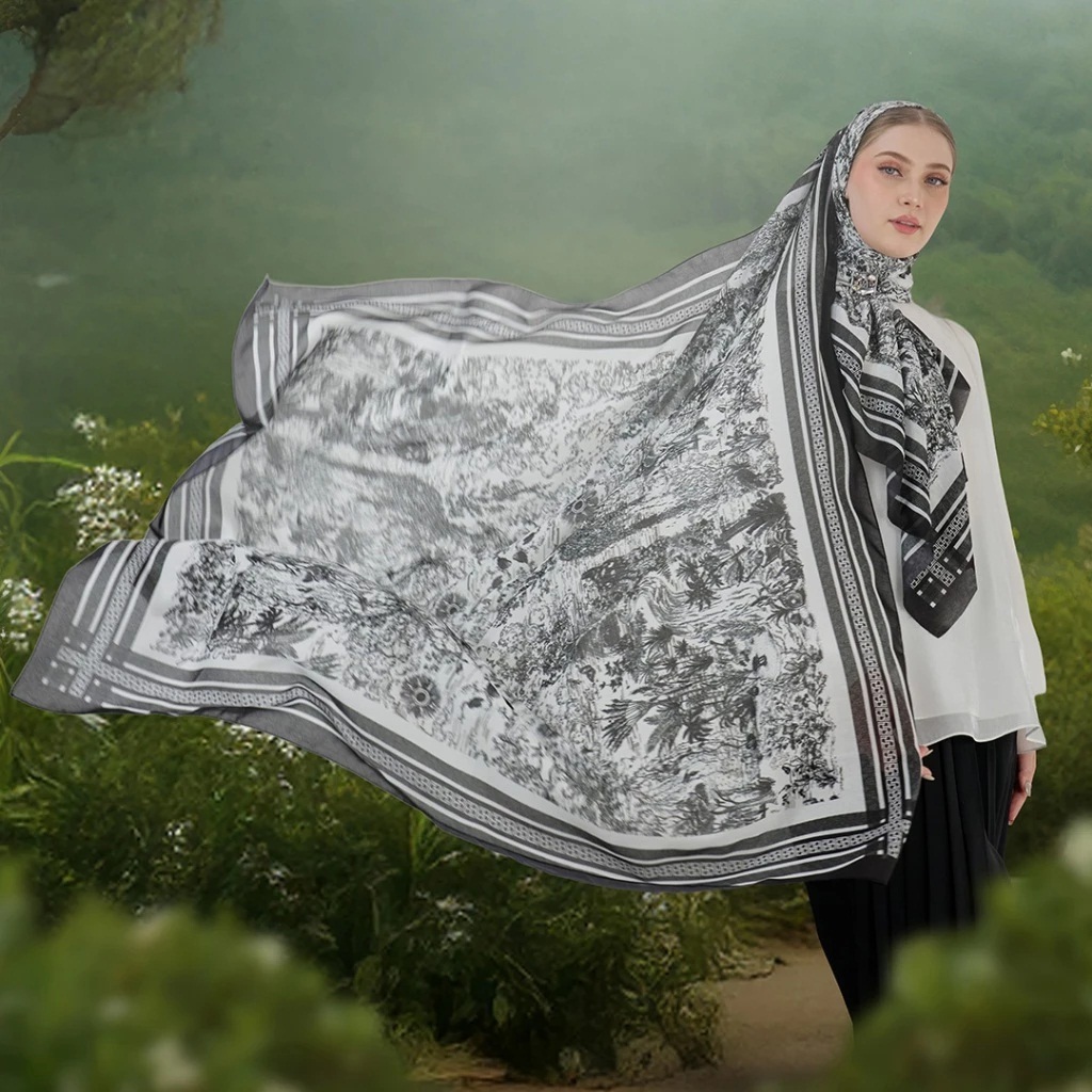 IVAN GUNAWAN PRIVE - Jardine White Scarf - Hijab Jilbab Segi Empat Motif Hitam Putih ORIGINAL By IVA