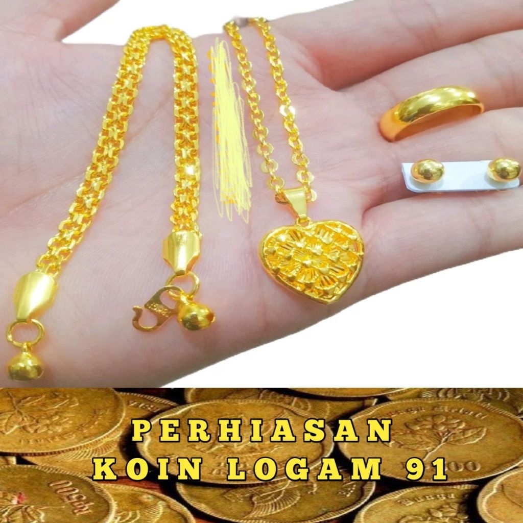 1 Set Perhiasan Motif Love Terbuat Dari Koin 91 Lapis Emas 24k Awet Elegan Tidak Luntur