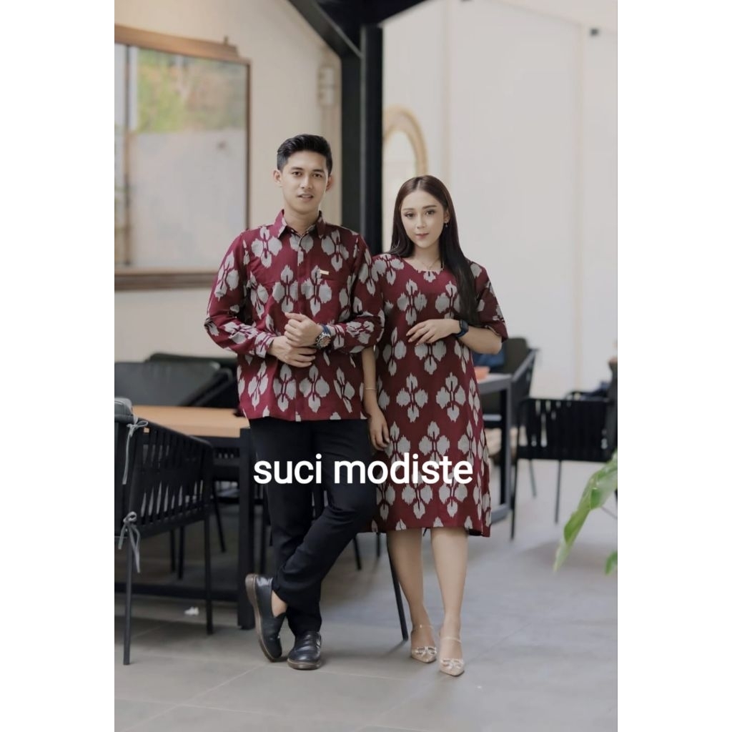 Couple Rosa Merah - baju tenun pasangan motif bunga dress dan atasan pria buat acara formal kasual k