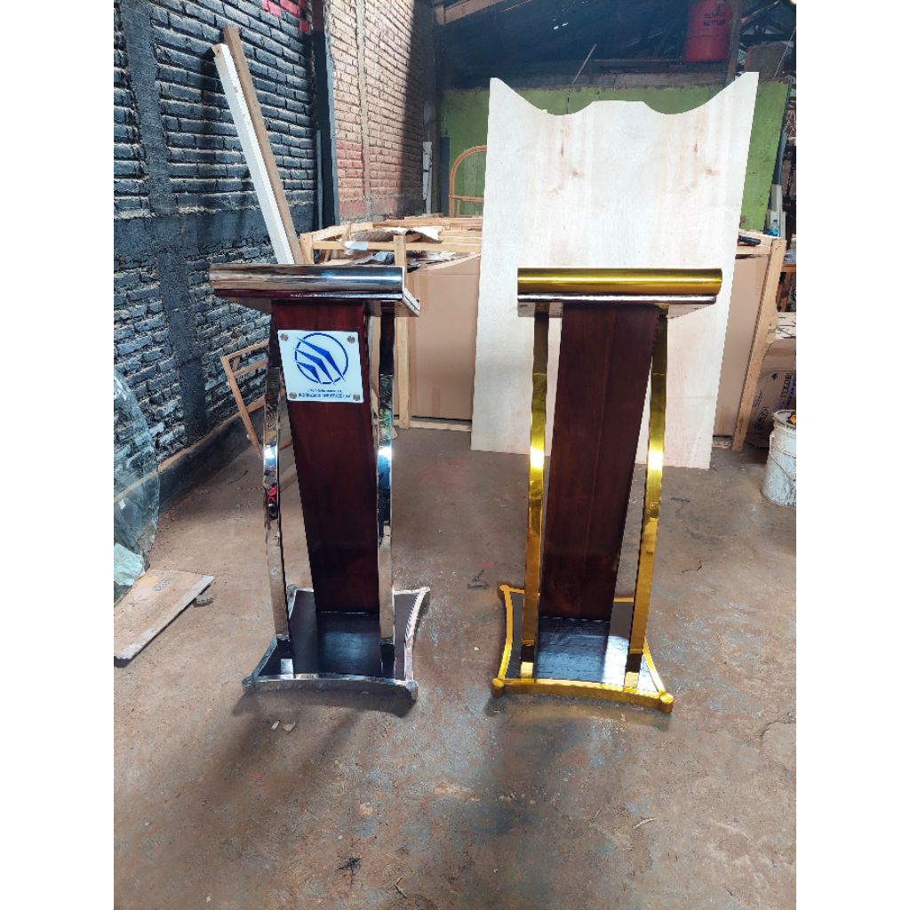 PODIUM PIDATO KAYU JATI MINIMALIS  / MIMBAR PODIUM CERAMAH MINI KECIL JATI + PODIUM PIDATO STAINLESS