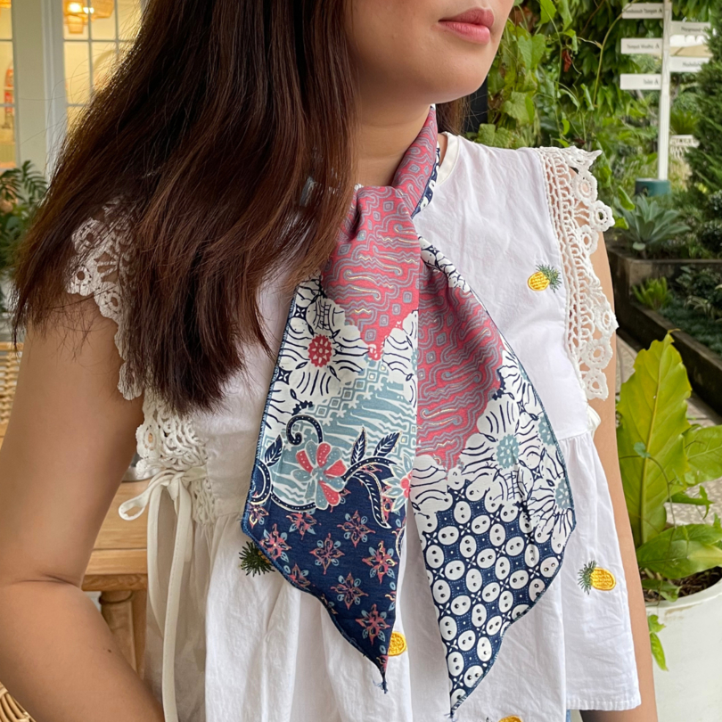 Syal Scarf Batik Dasi Katun Biru Putih Premium Unik