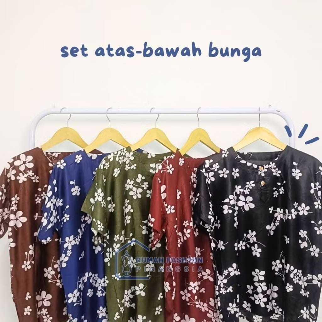 SETELAN BUNGA | Setelan Atas-Bawah Baju Tidur Piyama Wanita Katun Rayon Motif Bunga LD 120 cm