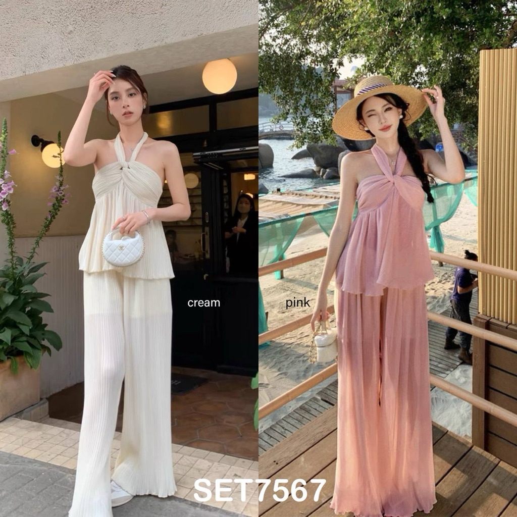 Beach Time Pleats Set Halterneck Top with Pants / Setelan Atasan Celana Wanita SET7567