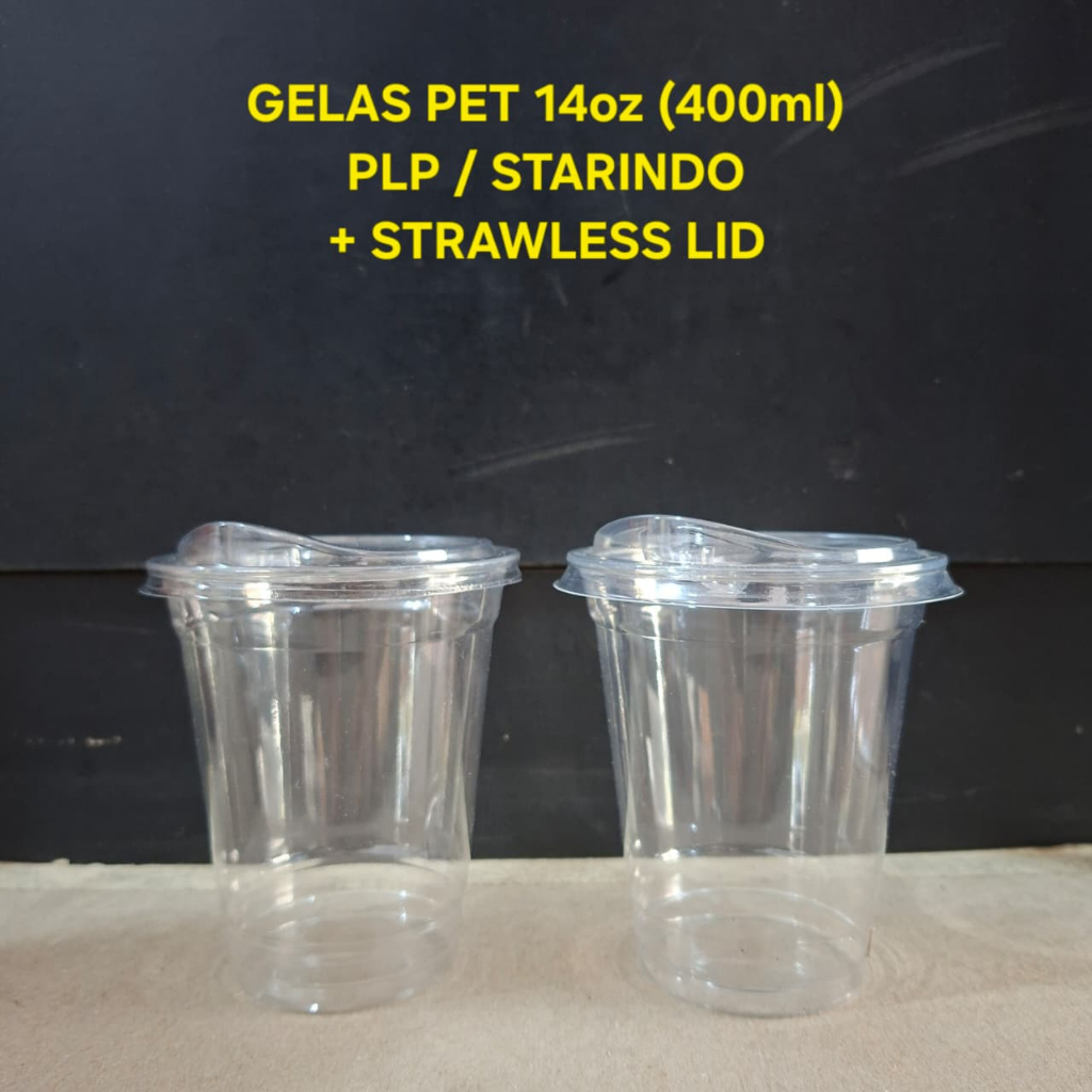 (isi 50 pcs) Gelas PET 12 Oz 14 Oz 16 Oz 9 gram STARINDO / PLP + TUTUP LID STRAWLESS Tebal Higenis K