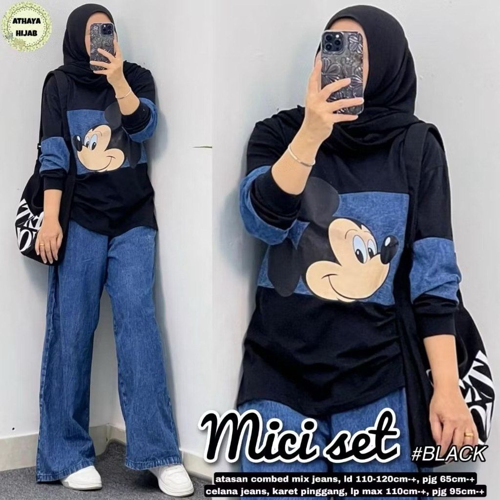 Mici Setelan Jeans Wanita Jumbo Kaos Combatt premium / Oneset Jeans Setcel jumbo kekinian