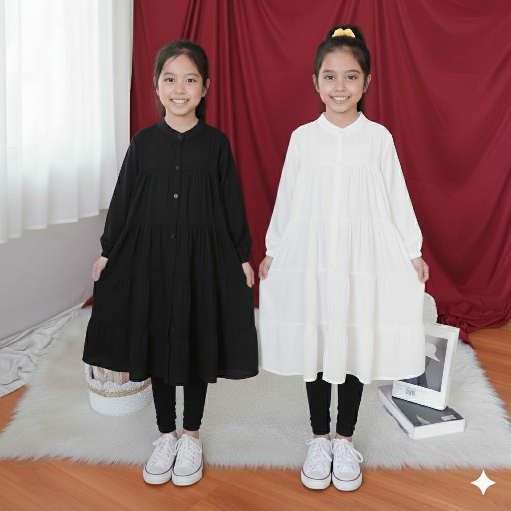 Tunik Putih - Hitam Anak Perempuan Usia 1-7 Tahun  | BISA COD Midi Dres Bahan Rayon Premium