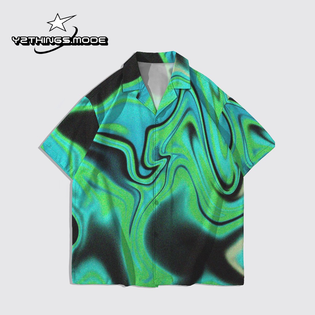 Y2THINGS Kemeja Lengan Pendek Motif Abstrak Wavy Hijau Biru – Shirt Aesthetic Psychedelic Kekinian U