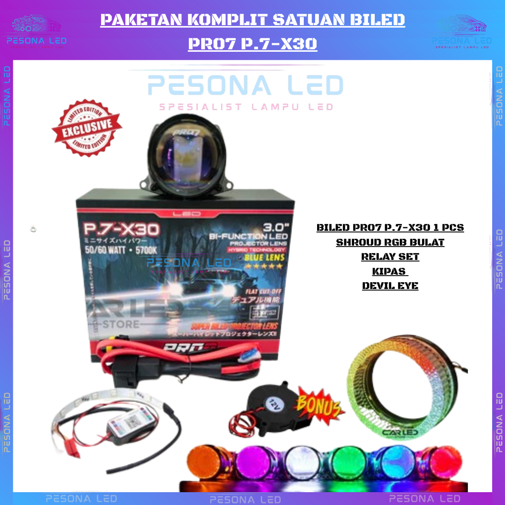 PAKETAN KUMPLIT SATUAN BILED PRO 7 P.7-X30 BILED VIRAL PRO7 P.7X-30 3 Inch Blue Lens 5700K 50W / 60W