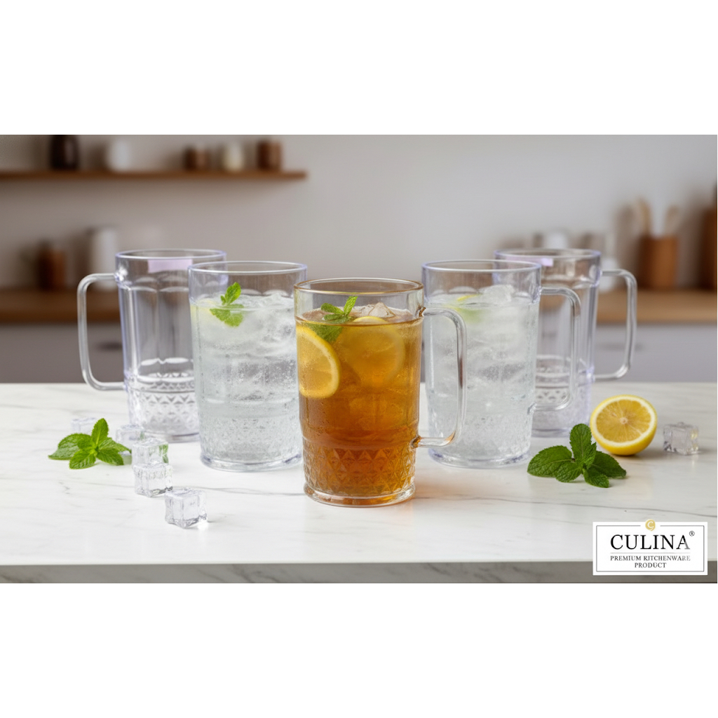 Paket 6 Pcs Gelas Jumbo Bening Gagang Plastik Tebal / Cangkir Gagang Transparan Bening