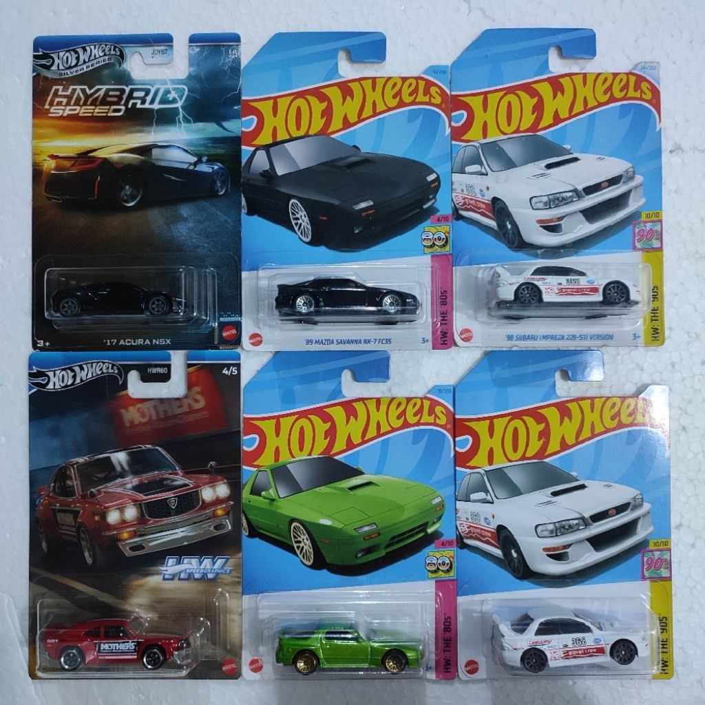 HotWheels Acura NSX Mazda Savanna RX7 RX3 Warna Hijau Hitam Merah - Subaru Impreza 22B STi Putih / H