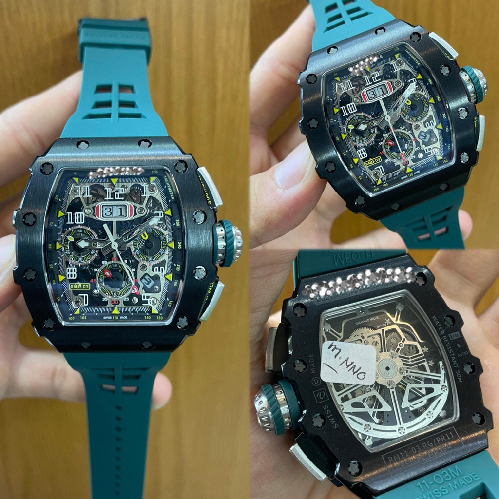 JAM TANGAN PRIA/COWOK RM-11/03 RUBBER HIJAU CRONOGRAPH AUTOMATIC JAPAN #Jamtanganpria #Jamtangancowo