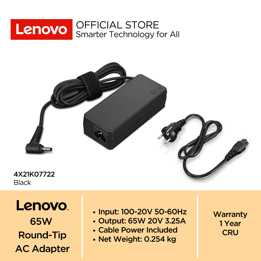 Lenovo 65W Round Tip 3Pin AC Adapter Black 20V 3.25A Garansi Resmi 4X21K07722 Charger Adaptor Laptop