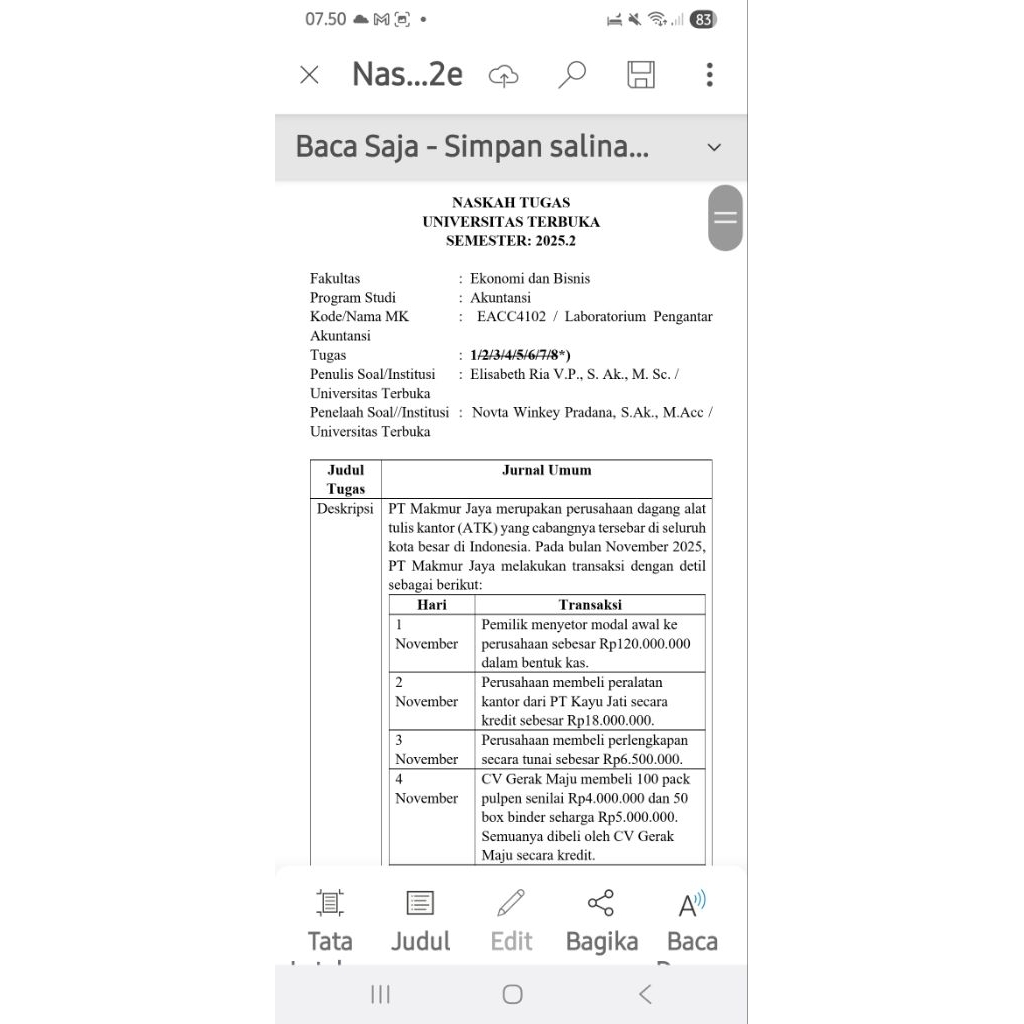 Tugas universitas terbuka Laboratorium Pengantar Akuntansi 238