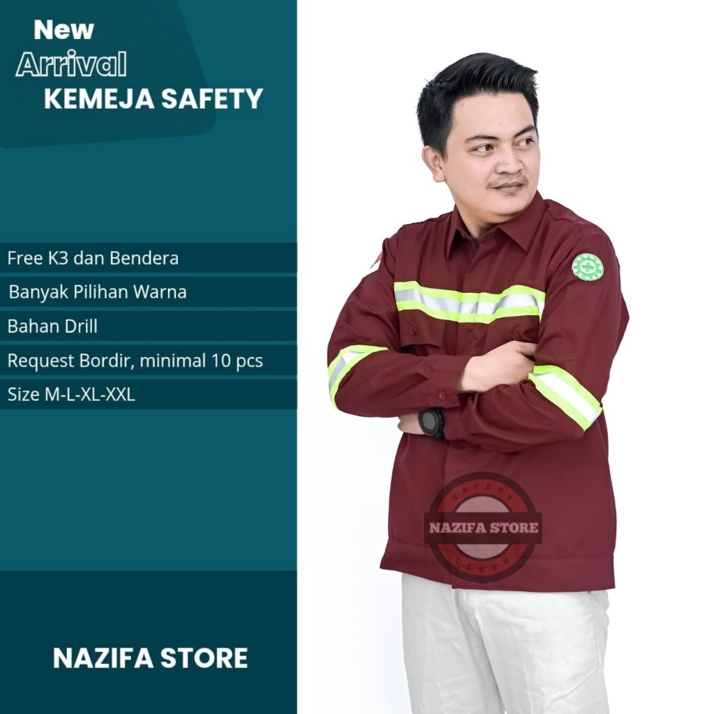 Baju safety lengan panjang warna maroon kemeja kerja lapangan proyek
