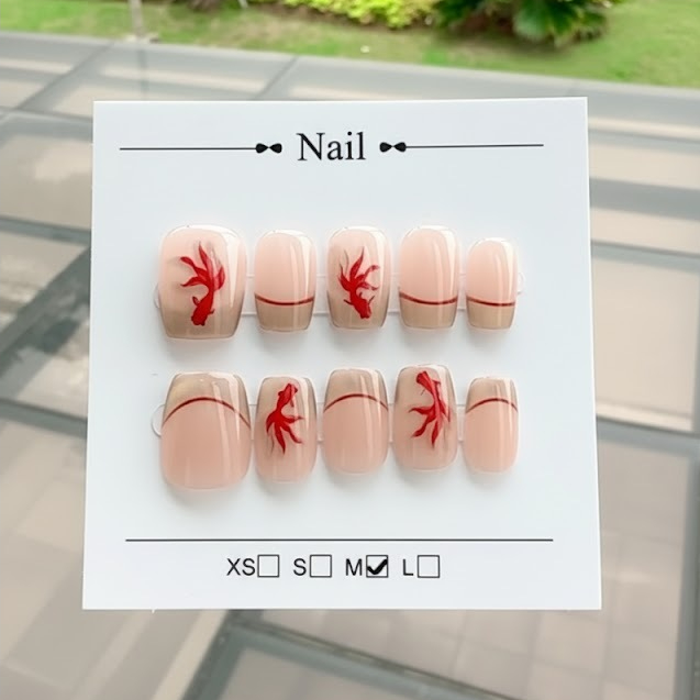 Fake Nails Pendek Square Nude Merah | Kuku Tempel Design Ikan Koi Aesthetic (10 Pcs)