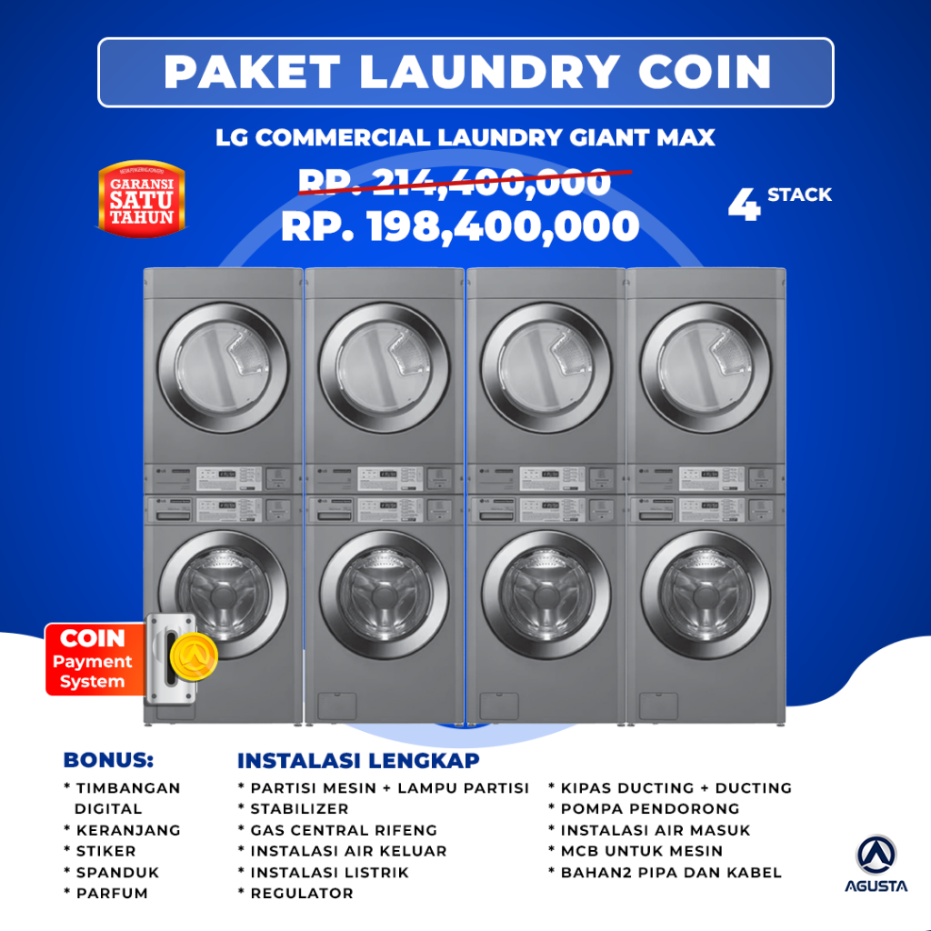 Paket Mesin Laundry Koin 4 Stack LG COMMERCIAL GIANT MAX