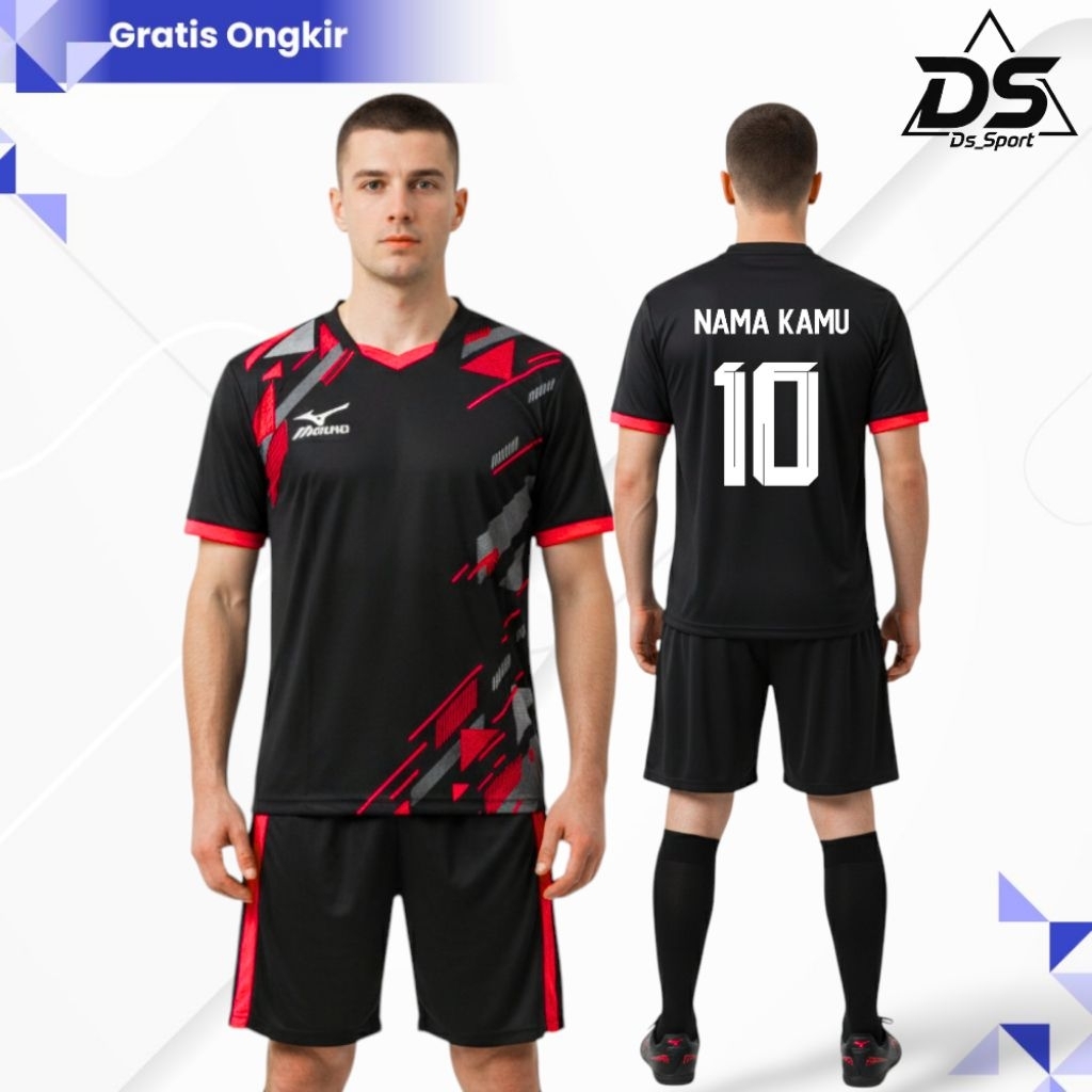 Mizuno-Setelan Baju Bola Dewasa Unisex Custom Nama+Nomor, Jersey Volly Dewasa, Jersey Futsal Dry-Fit