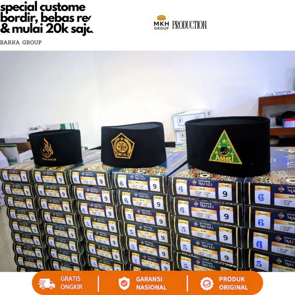 Peci Bordir Logo Custom, Songkok kopiah hitam berkualitas