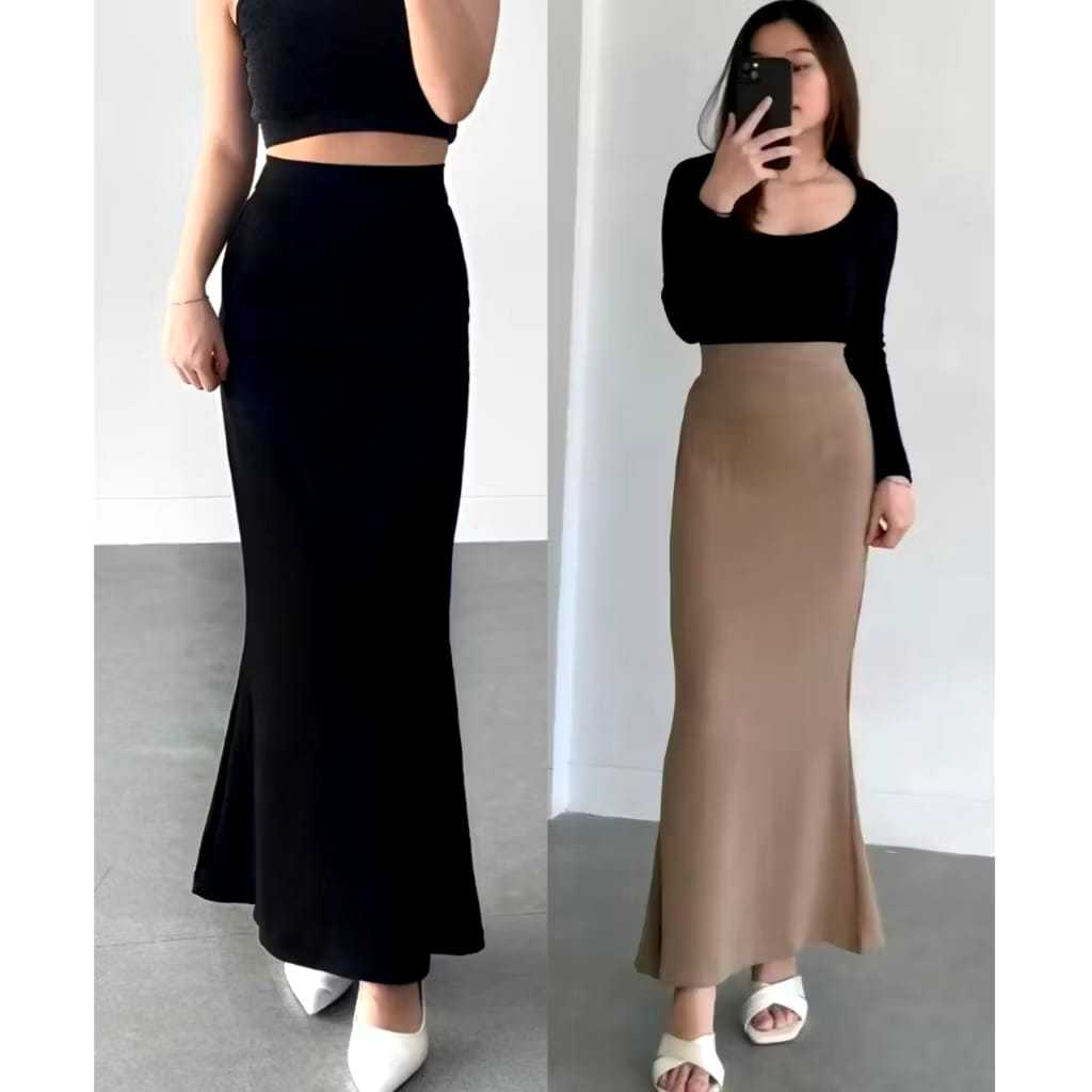 Rok Mermaid Skirt - Scuba Premium Rok Flare Wanita Basic Polos - Maxi Midi Rok Panjang Wanita Adem M