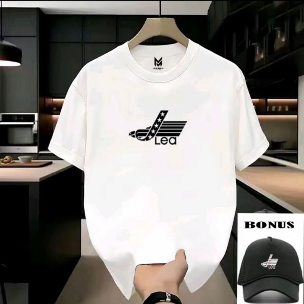 Bonus Topi COD kaos Lea text hitam kaos korea pria wanita premium Quality