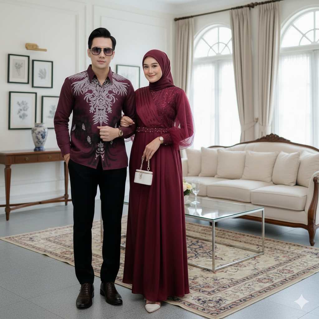 SOLO BATIK - Gamis Couple Adeeva Dress Kondangan Dan Lebaran Modern Dress Satin Mix Brokat Payet Pre
