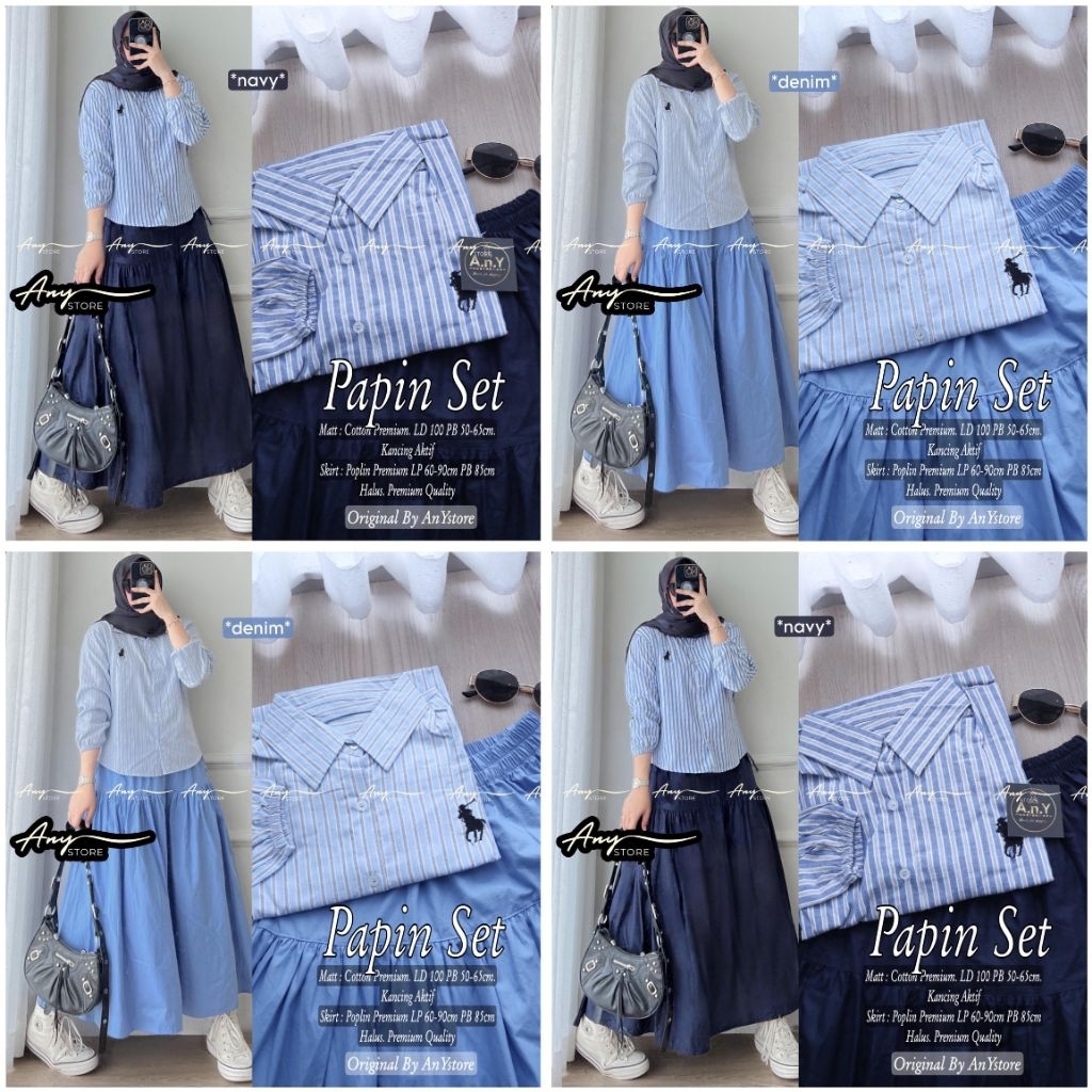 papin one set rok jeans by A.N.Y kemeja stripe wanita baju blouse garis garis rok panjang jeans keme