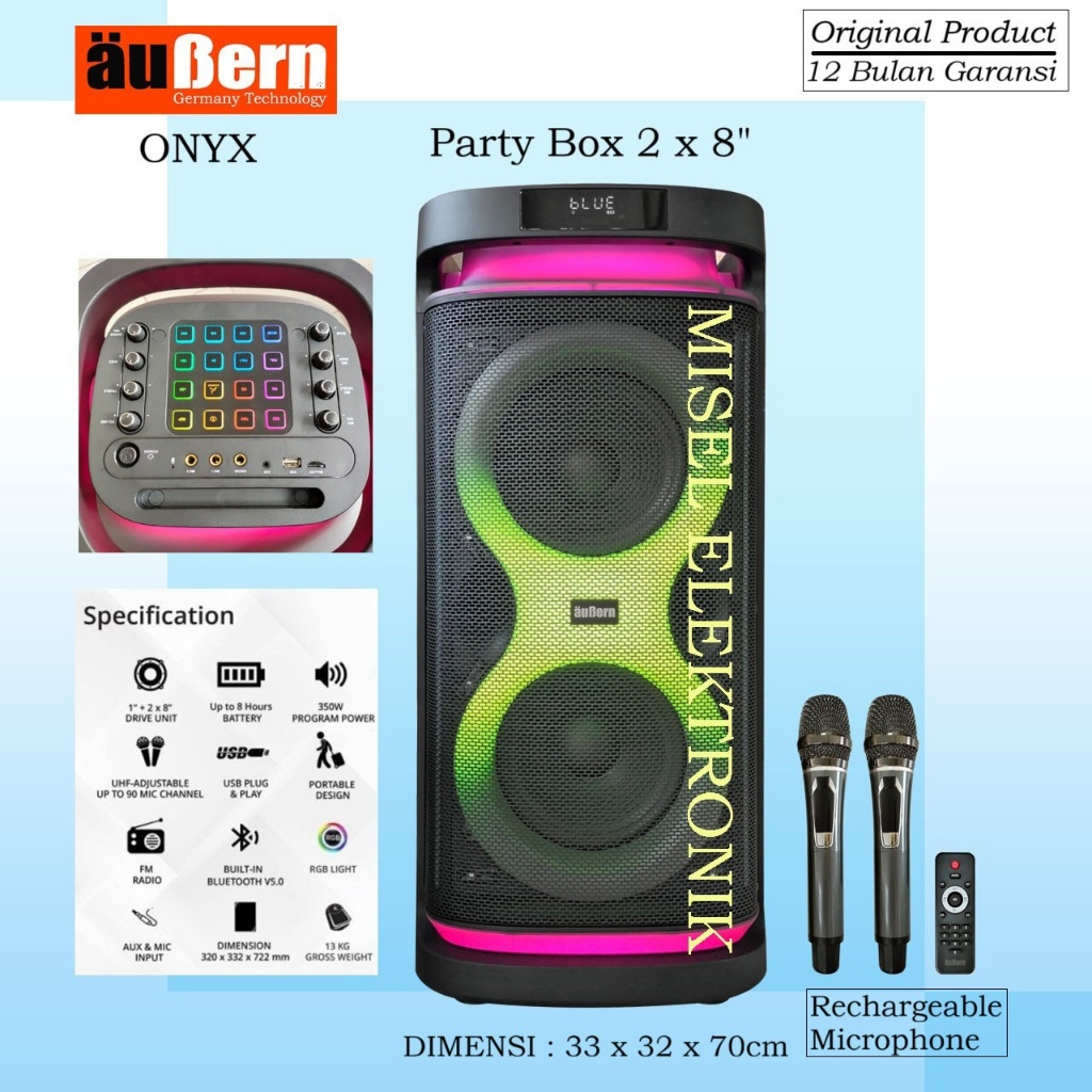 Aubern Onyx Speaker Portable 2 x 8 Inch Party Box Karaoke Bluetooth