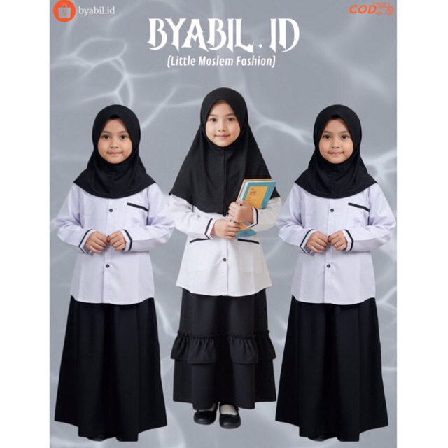 One Set Busana Muslim Anak Perempuan hitam putih